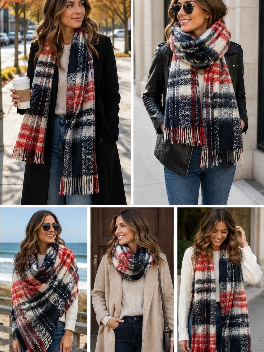 Fluffy warm red black cream scarf💥